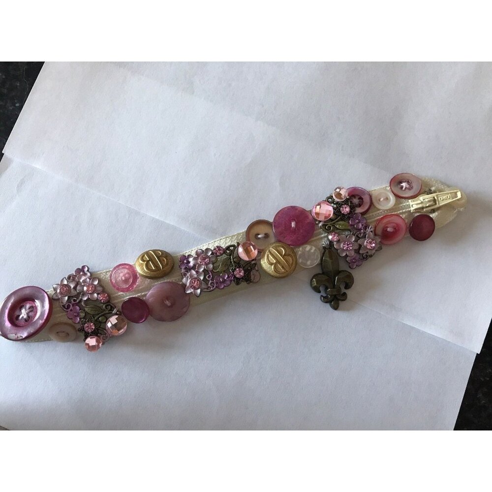1970's Handmade Button On A Zipper Charm Bracelet With Intricate Shaped Buttons